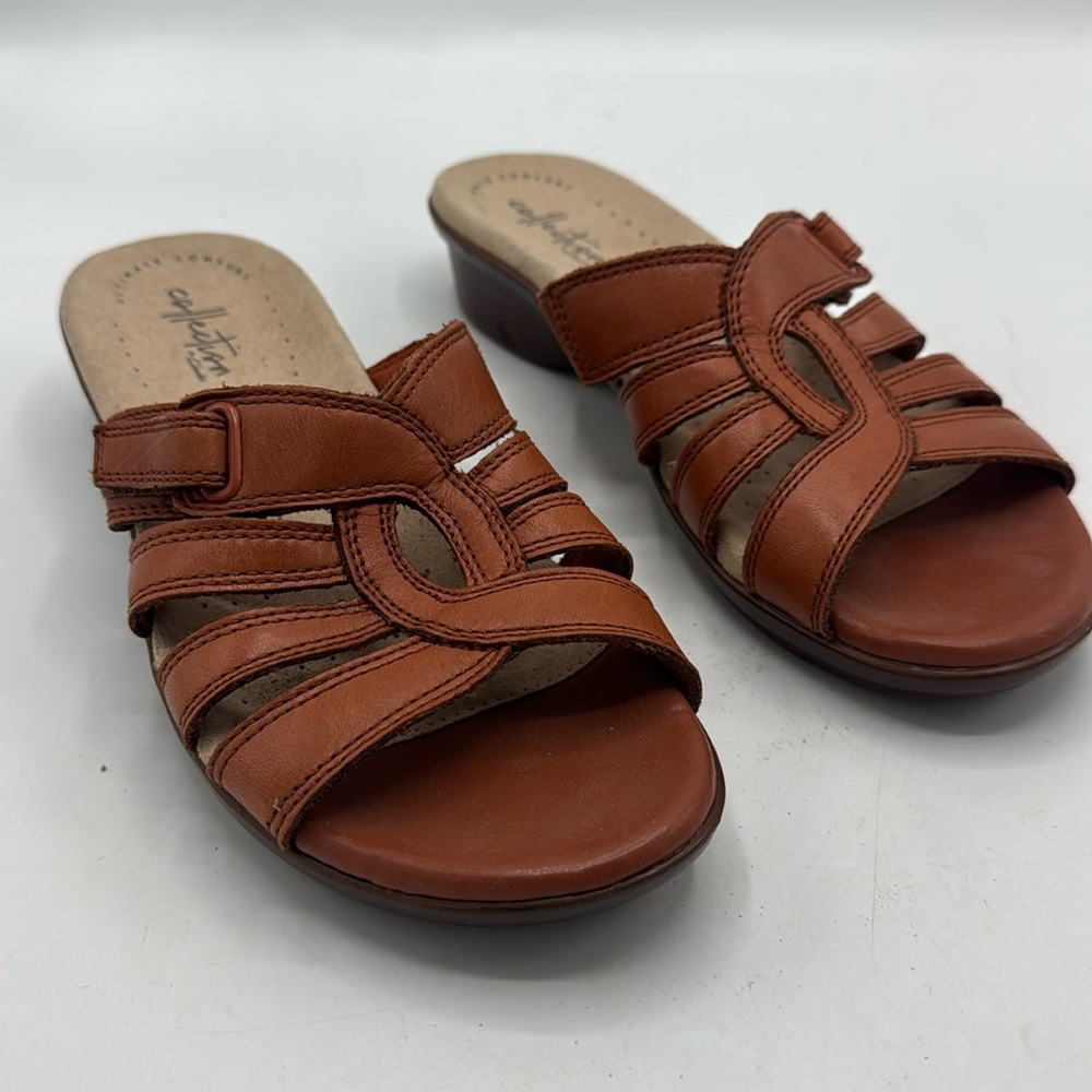 Clarks Brown Leather Slide Sandal Loomis Gale Hook And Loop Closure